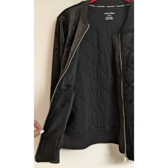 Women's CALVIN KLEIN Black Velour Quilted Full Zip Moto Jacket M - Picture 12 of 12